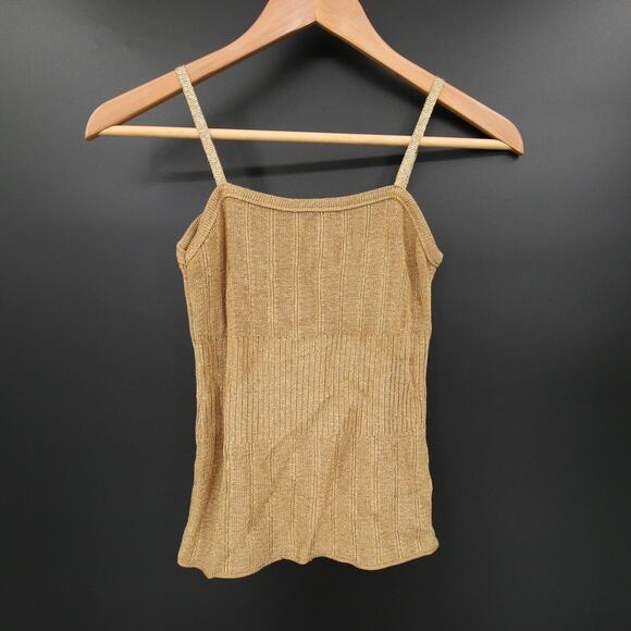 Vertigo Tank Top Gold Metallic Ribbed Knit Spaghetti Straps Rayon Nylon Size T1 - Picture 2 of 9